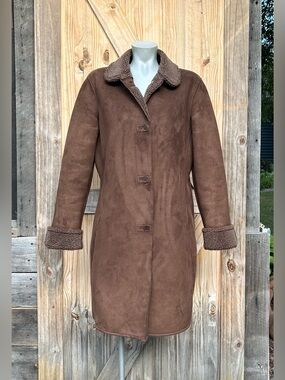 Lands End Womens Rustic Boho Brown Faux Suede Sherpa Shearling Coat~M~